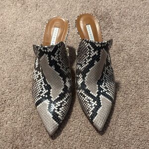 Veronica Beard Black and Cream Snakeskin Mules
